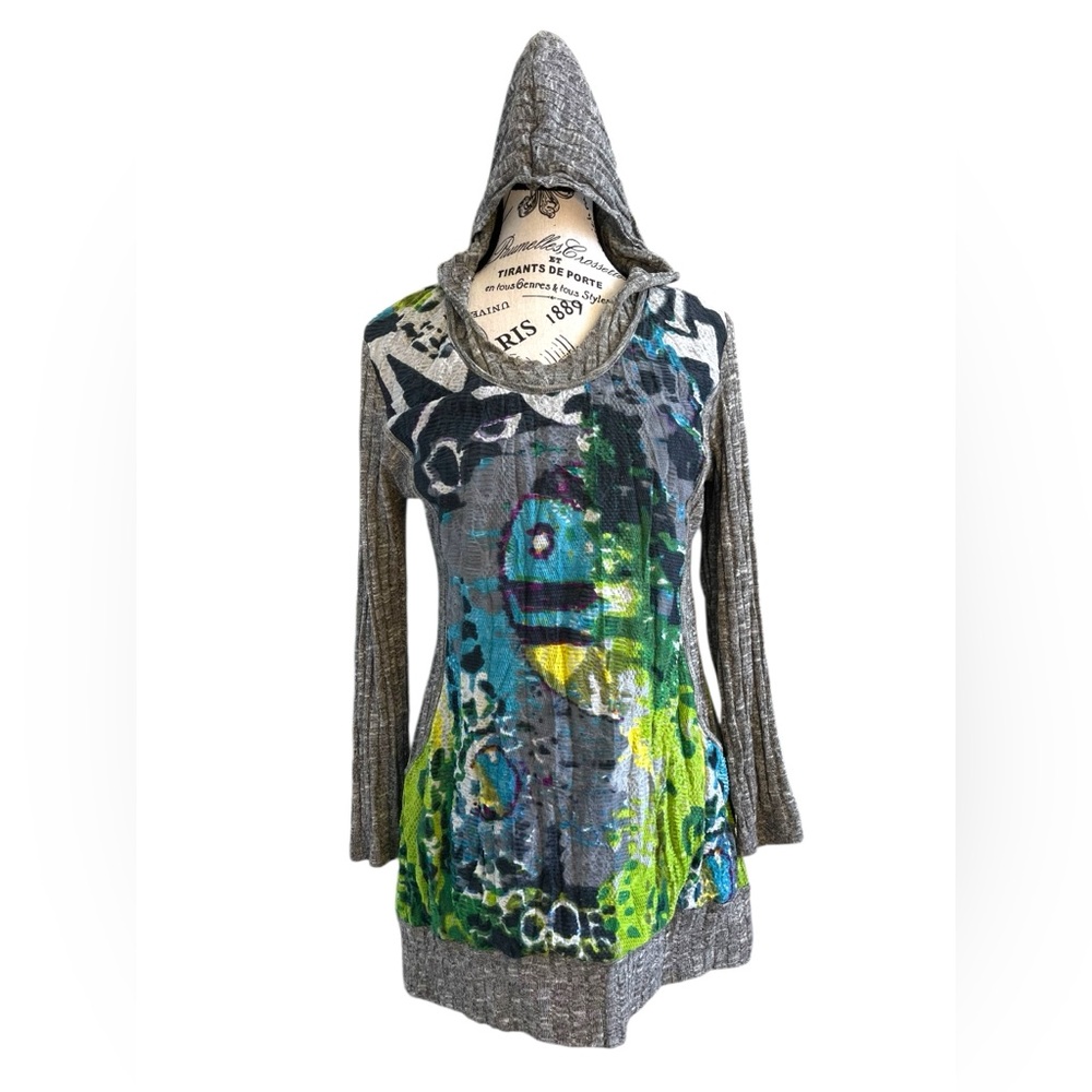 Elysee 26 Hooded Tunic Top Small Gray Abstract Art Print Long Sleeve Boho
